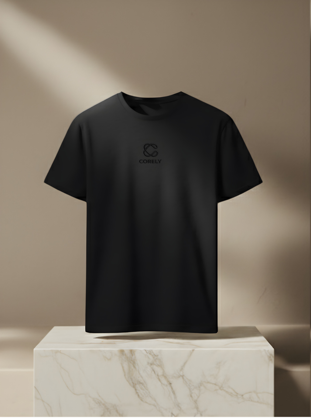 CORELY Essential black t-shirt with subtle center logo embroidery
