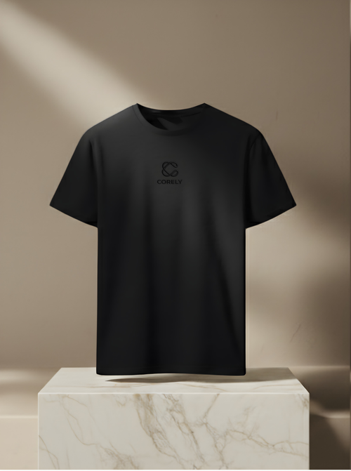 CORELY Essential black t-shirt with subtle center logo embroidery