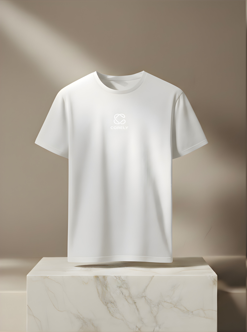 CORELY Essential white t-shirt with subtle center logo embroidery